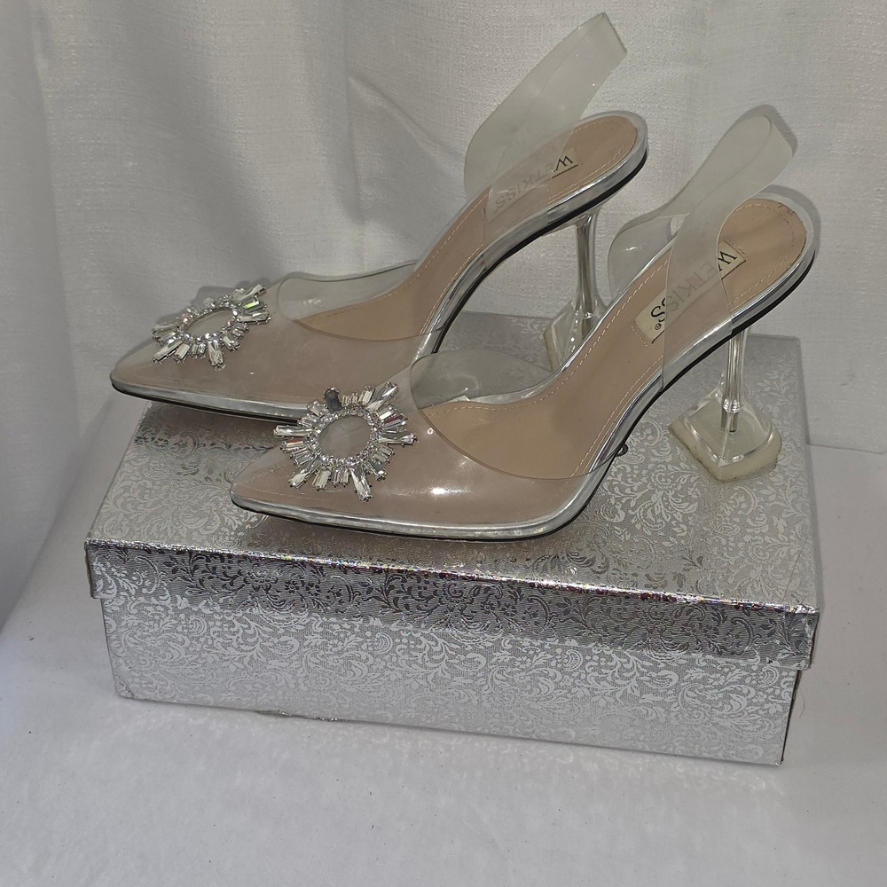 Wet Kiss Clear PVC Slingback Rhinestone Sunburst Spool Heels Silver Size 7